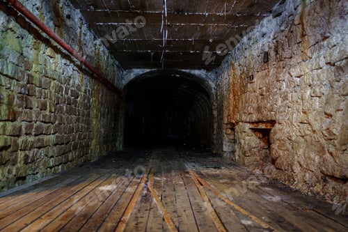 Preview: Old creepy dark scary underground tunnel with brick walls and wooden floor