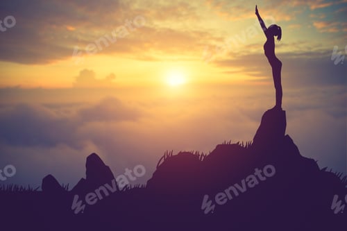 Preview: Silhouette Young Woman Practicing Yoga On The Muontain At Sunset.Vintage Color