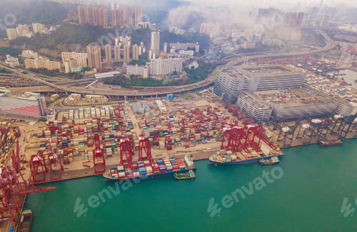 Preview: container cargo ship in the export and import business and logistics. Shipping to the harbor