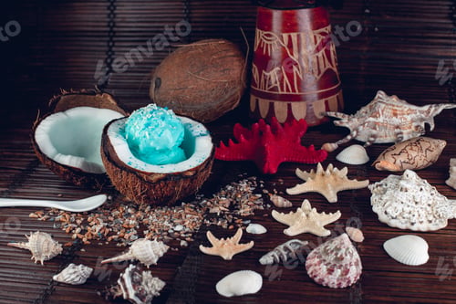 Preview: Blue ice cream in coconut bowl.