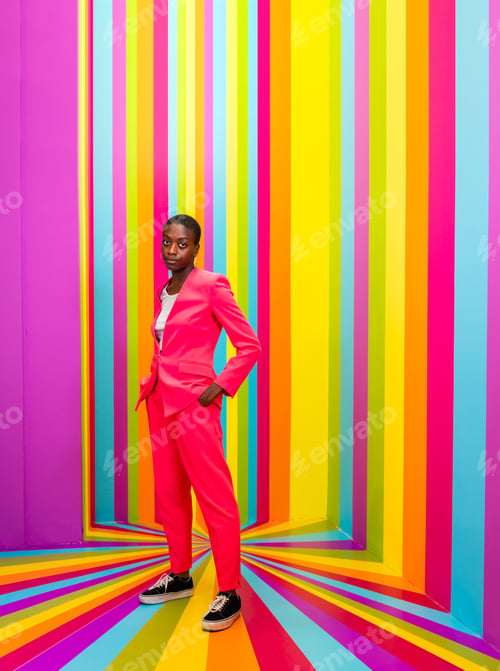 Preview: Beautiful young woman dancing and having fun inside a rainbow box room