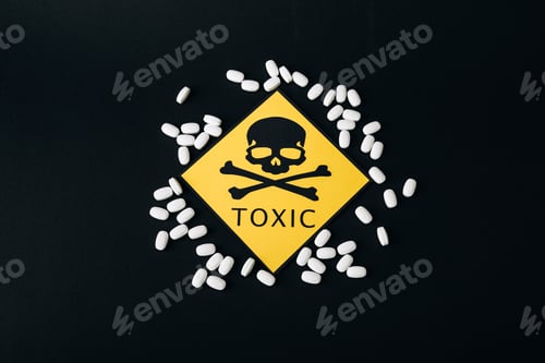 Preview: Top view of pills and toxic sign isolated on black