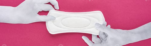 Preview: top view of paper cut white hands and white sanitary napkin on purple background, panoramic shot
