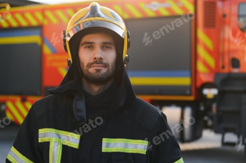 Preview: fireman in protective uniform standing near fire engine on station