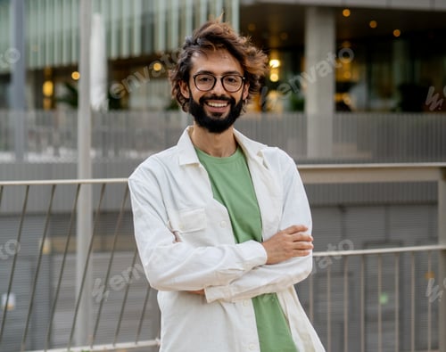 Preview: Portrait of a smiling young entrepreneur looking at camera in a financial district. Italian man
