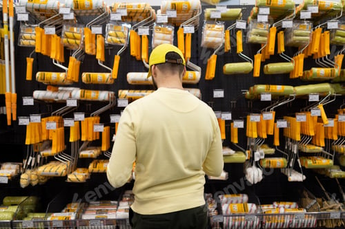 Preview: a man in a store of household tools and everything for repair chooses brushes and rollers for