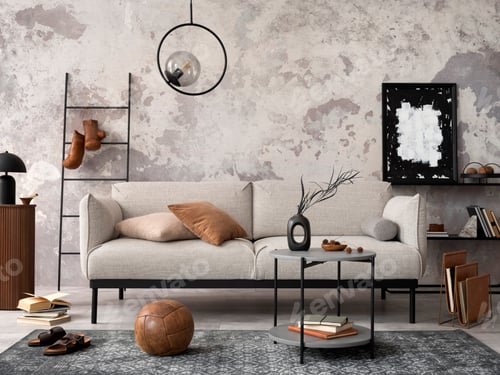 Preview: The stylish composition of living room interior with gray sofa with plaid,