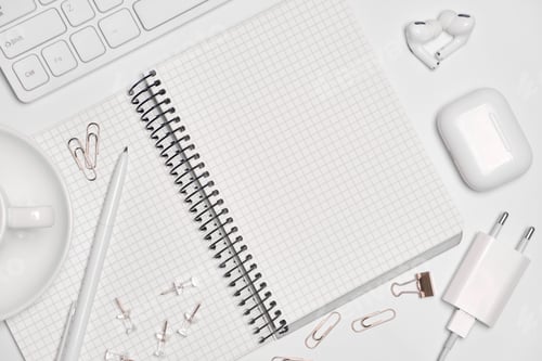 Preview: top view of office desk workspace with smartphone blank screen