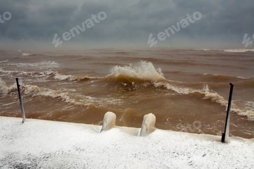 Preview: Storm and fog sea in winter with snow