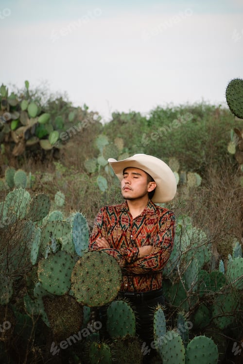 Preview: Mexican man with sombrero in a cactus landscape