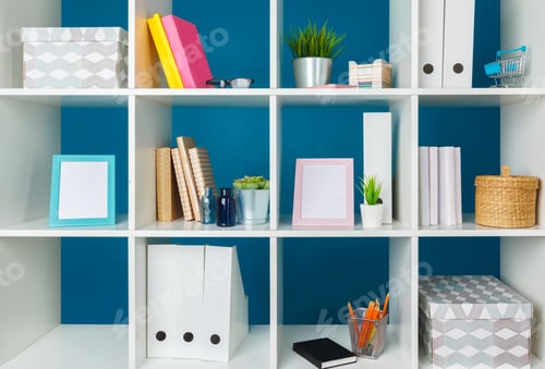 Preview: Home office working space. white shelf with accessories