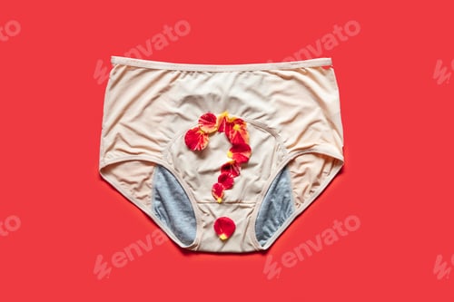 Preview: Woman Health Period menstrual problems. Reusable Period Underwear With Question mark on red
