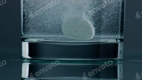 Preview: Dropped medicine dissolving water glass closeup. White effervescent tablet flow