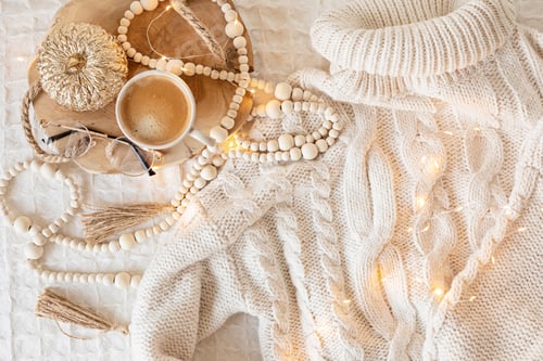 Preview: Autumn flat lay composition. Warm comfort sweater, pumpkin, coffee