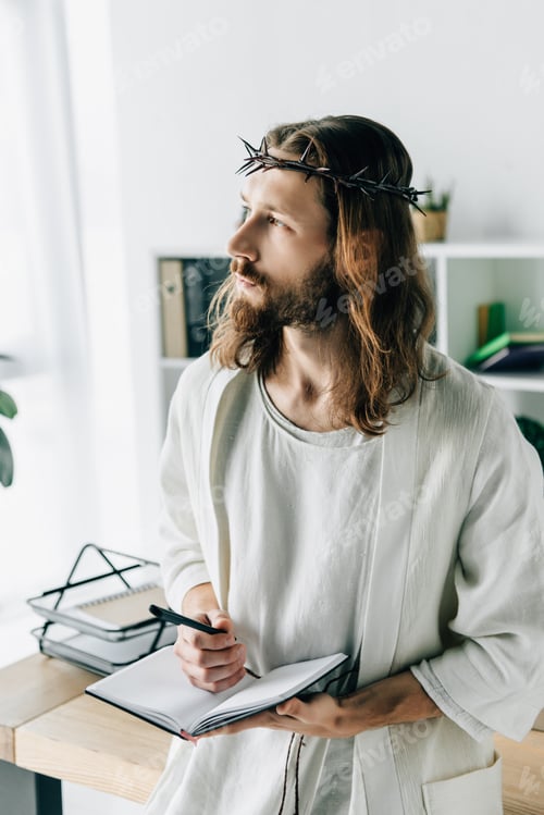 Preview: pensive Jesus in crown of thorns and robe holding textbook and looking away in modern office