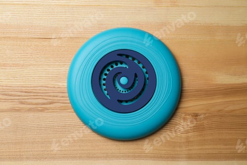 Preview: Blue plastic frisbee disk on wooden background, top view