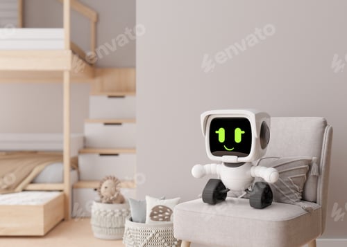 Preview: Cute robot at home, in kids room. Artificial intelligence for education, digital technology