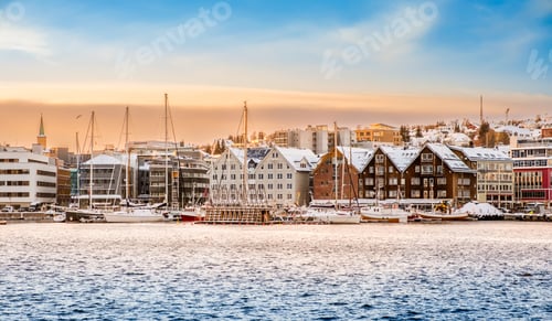 Preview: Tromso harbor at sunset in winter, Norway.