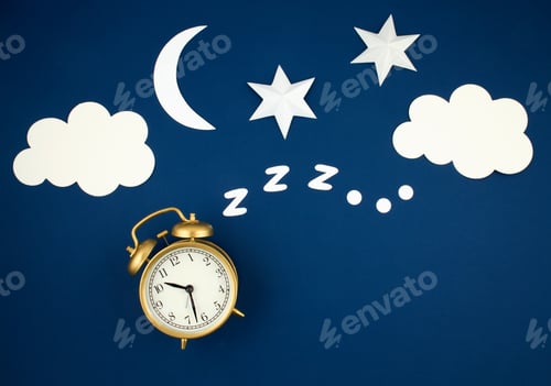 Preview: Snoring classic alarm clock on blue pastel trendy background. Flat lay, top view mock up