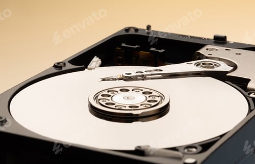 Preview: Hard disk drive and open cover .Computer hardware, hard disk, storage device