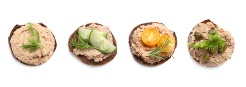 Preview: Slices of bread with tasty pate on white background, top view. Collage design