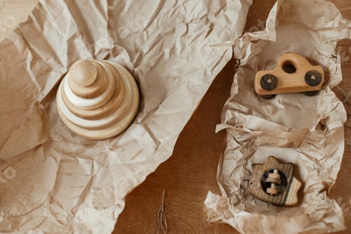 Preview: Eco friendly plastic free toys for toddler. Modern natural wooden pyramid, teether hedgehog, car