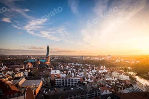 Preview: Ancient city Lübeck Germany from a height. Golden hour.Sunset
