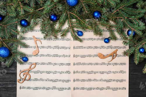Preview: Composition with wooden music notes and decorations on table, top view