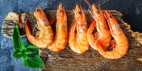 Preview: Shrimp Cooked Seafood Ready To Eat Prawn Serving Size. Food Background Top View Copy Space Healthy