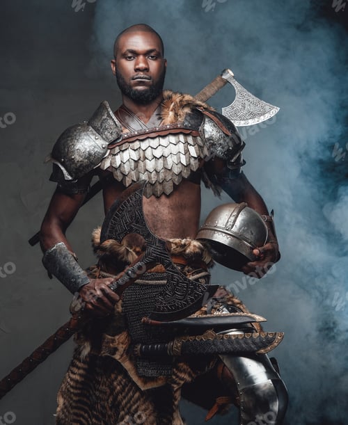 Preview: Handsome black skinned fighter with antique equipment and axe