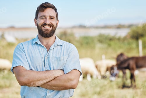 Preview: Farmer, portrait or arms crossed on livestock agriculture, sustainability environment or nature lan