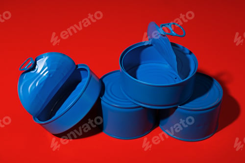 Preview: Blue tin can on dark red background