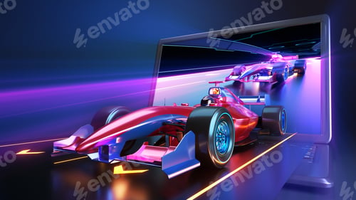 Preview: Racing car flying out of laptop screen