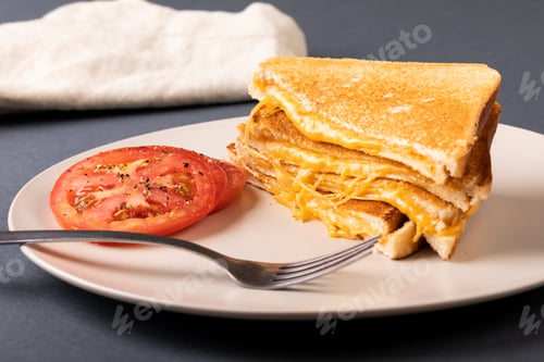 Preview: Close-up of fresh tomato slices with cheese toast sandwich and fork served in plate