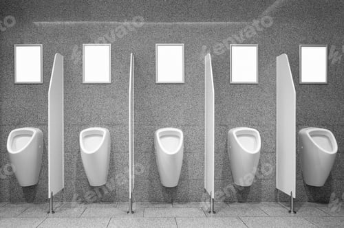 Preview: Blank advertising posters on the wall by the urinals in toilet