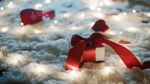 Preview: Red Ribbon Gift Box on White Fluffy Rug