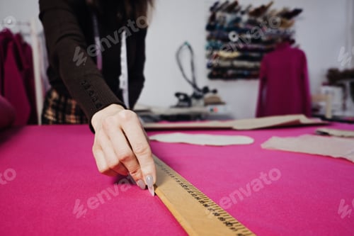 Preview: Hand Cutting Pattern and Fabric Pieces. Fashion Design. Female tailor, seamstress working with