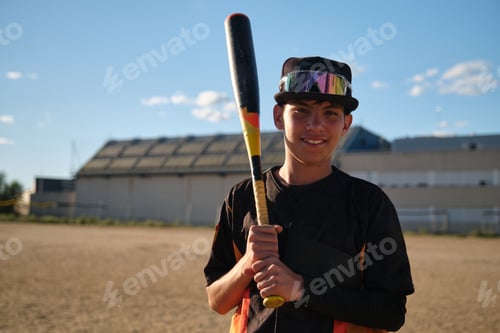 Preview: Young male baseball player holding bat at field