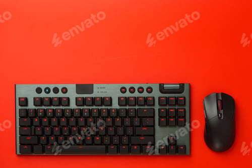 Preview: Computer keyboard and mouse on red background close up