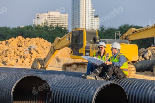 Preview: Two engineer sitting on large pipes at a construction site, reviewing blueprints