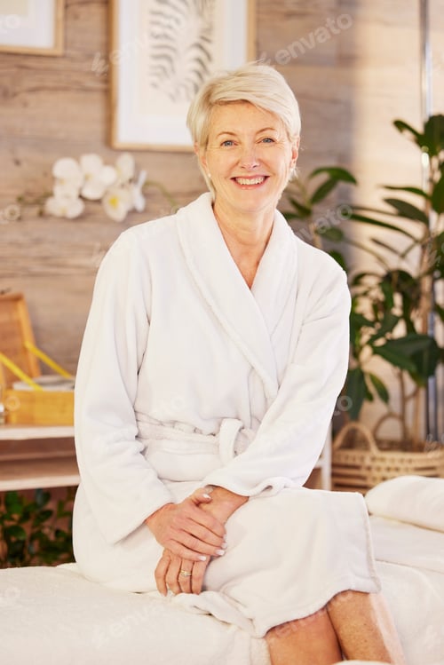 Vista previa: Smile, portrait and senior woman at a spa for health, wellness and anti aging skincare treatment. B