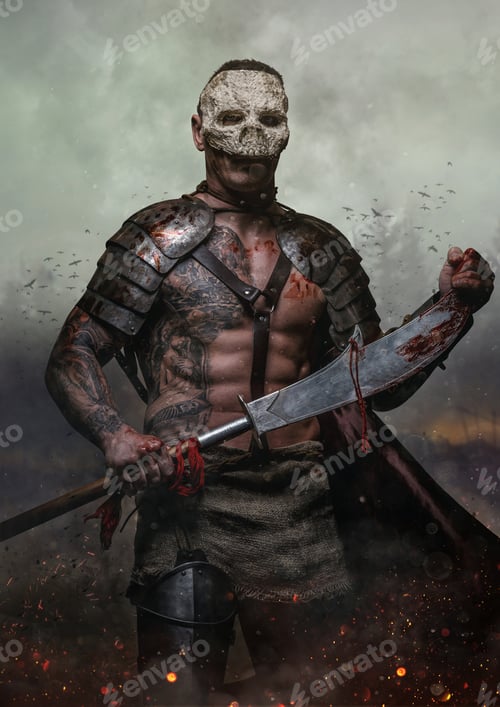 Preview: Male in the skull mask holds sword in the dust batterfield background.