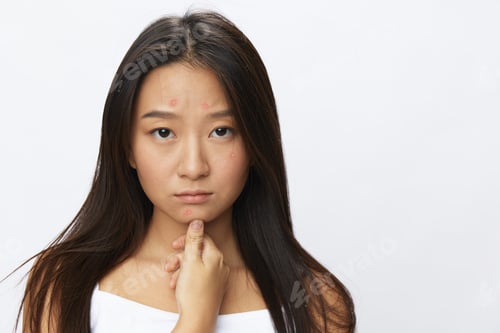 Preview: Asian woman hand signals, finger pointing facial skin problems, acne and inflammation, red rash and
