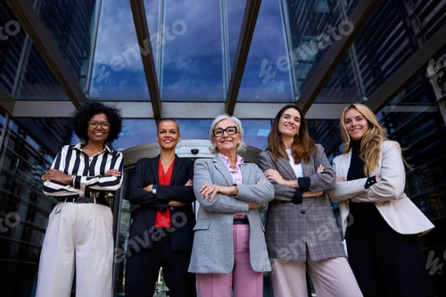 Preview: Formal work group of diverse business women standing in a row looking serious to the camera