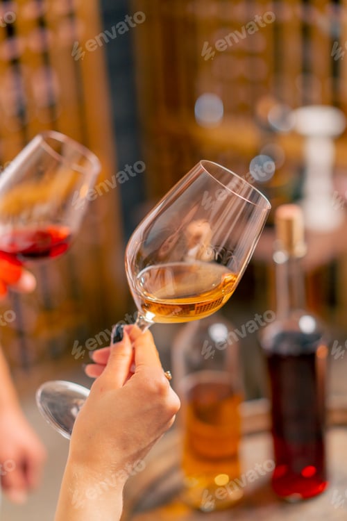 Preview: hands holding glasses of different types of wine and clinking glasses at tasting in the cellar