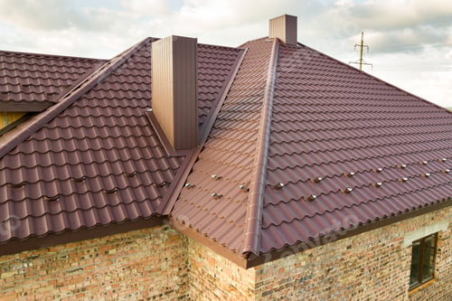 Preview: House roof structure covered with brown metal tile sheets