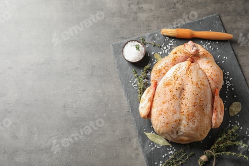 Preview: Slate plate with raw spiced turkey on grey background, top view. Space for text