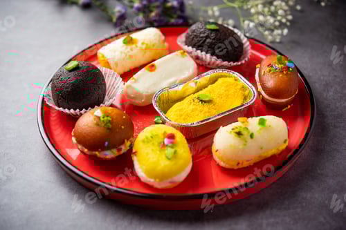 Preview: Malai Chop or Cream sandwich which is a bengali sweet, with kala jamun or black gulab jamun