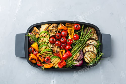 Preview: Seasonal summer grilled vegetables and chicken in a pan