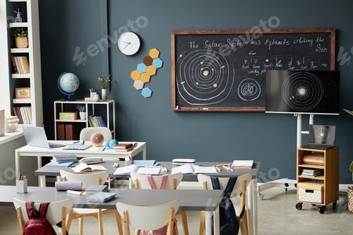 Preview: Classroom with Desks and Blackboard with Solar System